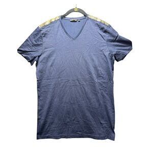 Antony Morato T-Shirt Men Large Blue Gold Shoulder Stripe V-Neck